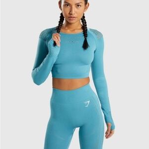 Gymshark Flawless Knit Long Sleeve Crop Top - Sea Blue x-small